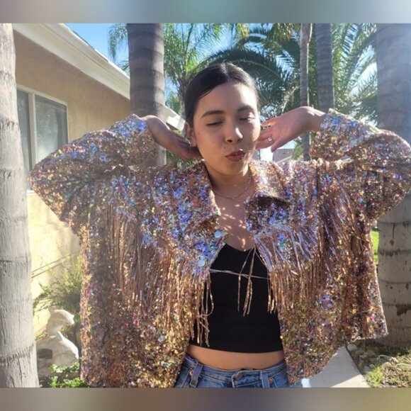 Miss me Sequin crop fringejaket rosegold size L - Picture 2 of 13